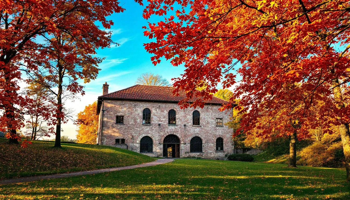 Historic mill building among fall foliage in Tucker County