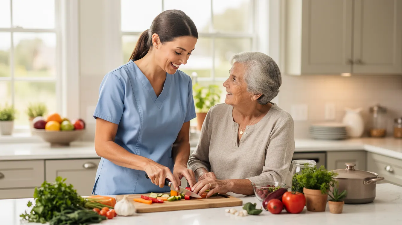 A professional caregiver assists an older adult in preparing a meal in a bright, welcoming kitchen, highlighting the importance of family caregiver support in daily living activities. This scene reflects the collaborative relationship between caregivers and older adults, emphasizing the shared responsibilities in caregiving.