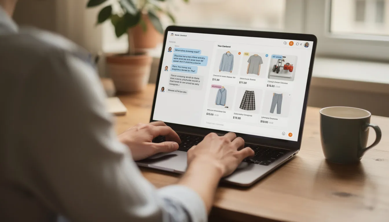 A person is engaged in online shopping using a laptop, with a chat interface displaying an AI shopping assistant that provides personalized product recommendations. The scene highlights the convenience of virtual shopping assistants in enhancing the online shopping experience through tailored suggestions and customer engagement.