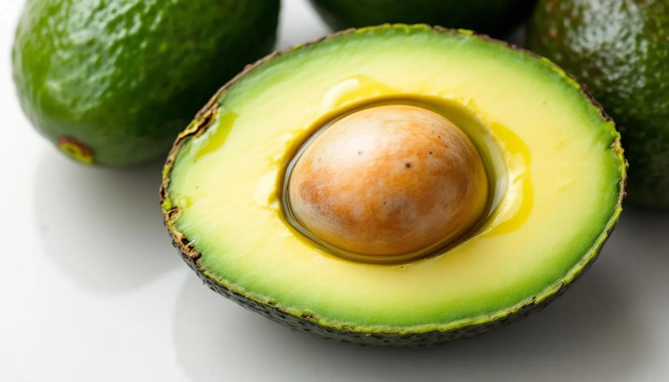 The image shows a close-up cross-section of ripe avocados, highlighting their rich green flesh, which is known for its high content of monounsaturated fats, making it an ideal choice for extracting avocado oil. This nutritious oil is celebrated for its health benefits and versatility in various cooking methods, including high heat cooking and salad dressings.
