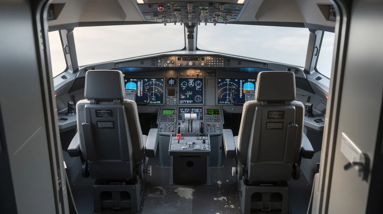The image shows a commercial airline cockpit from the entrance, featuring two pilot seats and a comprehensive instrument panel filled with various gauges and controls, essential for flight training and navigation. This setup is crucial for aspiring airline pilots and is often seen in flight schools where students learn about aircraft systems and pilot training.