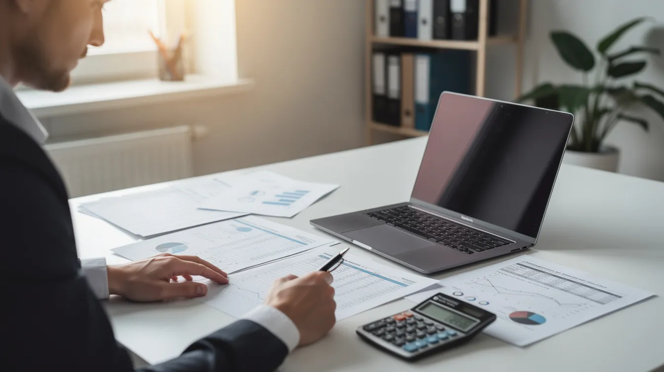 The image depicts a person seated at a desk, intently reviewing financial documents alongside a laptop and a calculator, indicating a focus on managing debt obligations and analyzing cash flow for real estate investments. This scene highlights the importance of understanding debt service coverage ratio (DSCR) and personal income verification in the context of mortgage loans and rental income.