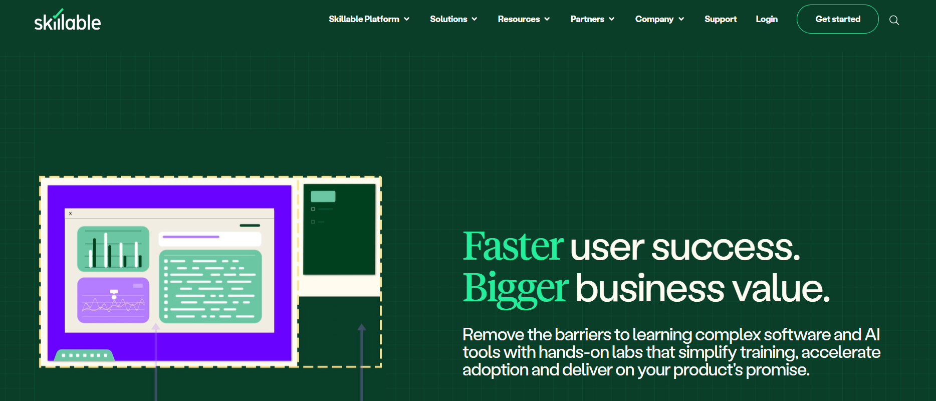 Skillable homepage showcasing cloud-based virtual labs and hands-on software training platform for enterprise learning and user enablement.
