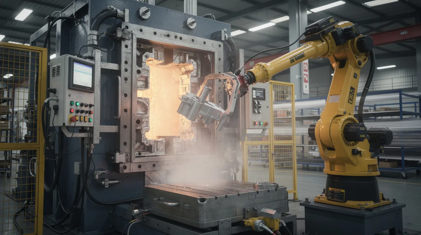 The image shows a die casting machine actively in operation, with a robotic arm extracting a freshly cast aluminum part from the open die, highlighting the precision and efficiency of the die casting process in modern manufacturing. The scene illustrates the transformation of molten metal into complex shapes, showcasing the advantages of die casting in producing high-quality metal parts with tight tolerances.