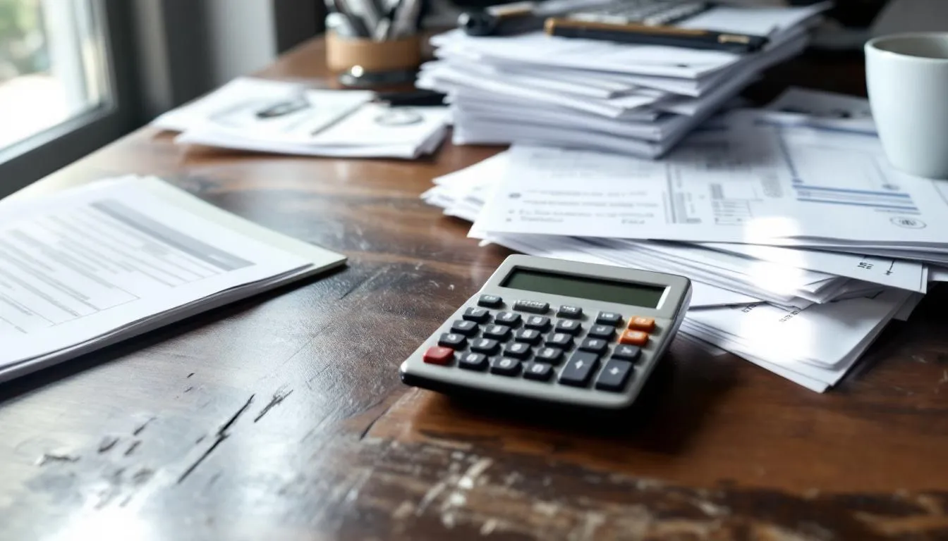 Una calculadora y varios documentos tributarios están sobre un escritorio de oficina, donde se pueden ver formularios relacionados con el impuesto a la renta y el impuesto al valor agregado, esenciales para la tributación de negocios como peluquerías. Los documentos incluyen información sobre la declaración de impuestos y las obligaciones de los contribuyentes en relación a sus ingresos y actividades comerciales.