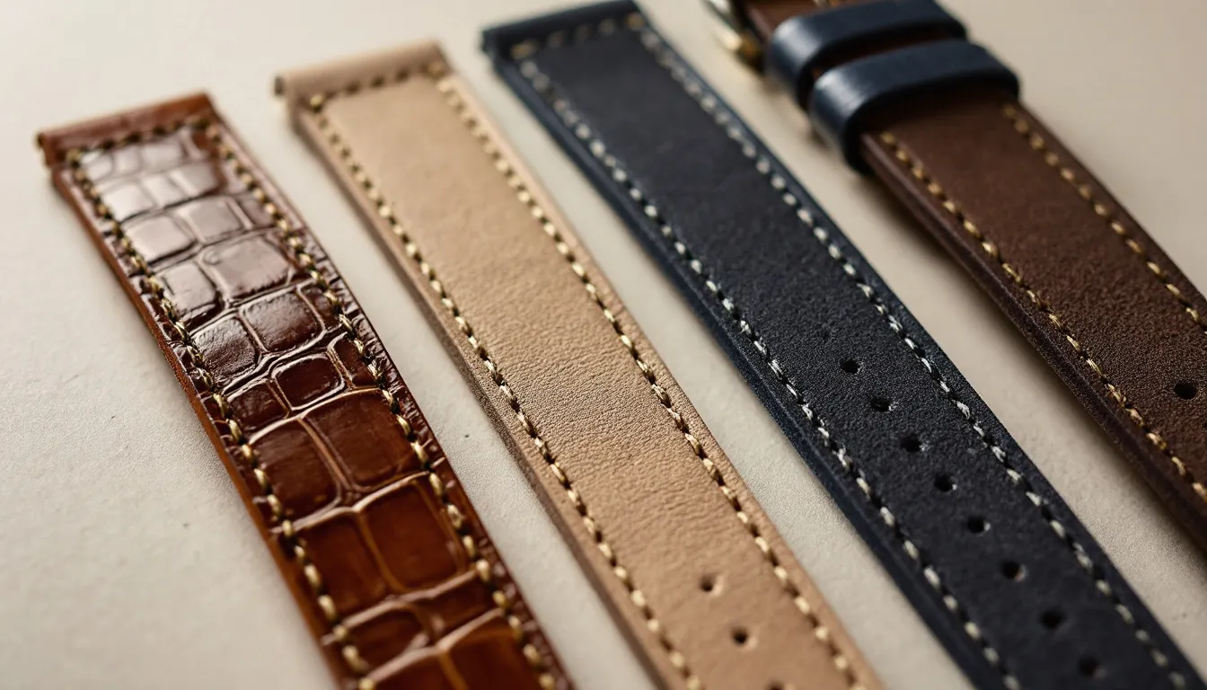 A close-up view showcases a variety of premium leather watch straps, highlighting different textures and finishes such as full grain leather and suede, in classic colors like black, brown, and turquoise. Each strap reflects great craftsmanship and quality, perfect for enhancing any timepiece.