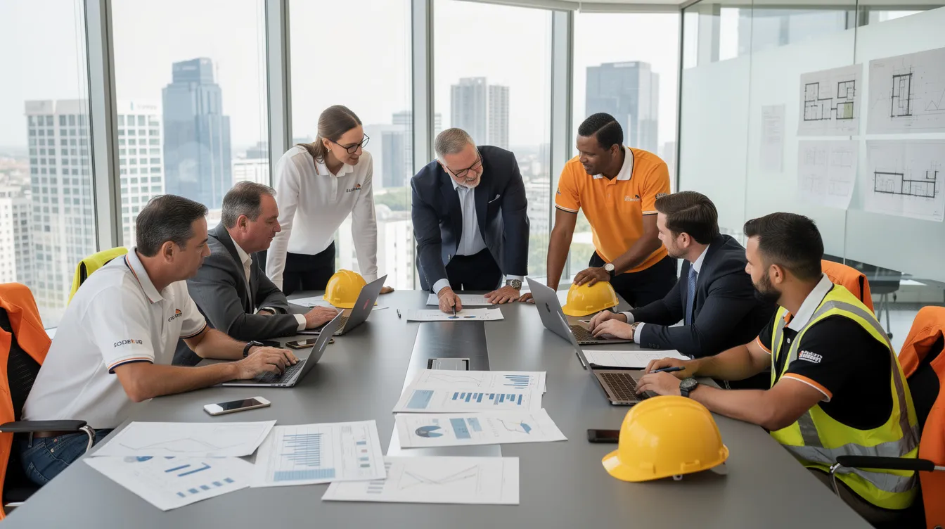 A group of construction executives and project managers are gathered around a conference table, intensely reviewing financial reports and documents related to project costs and cash flow. Their discussion focuses on ensuring healthy cash flow and assessing the financial performance of ongoing construction projects.