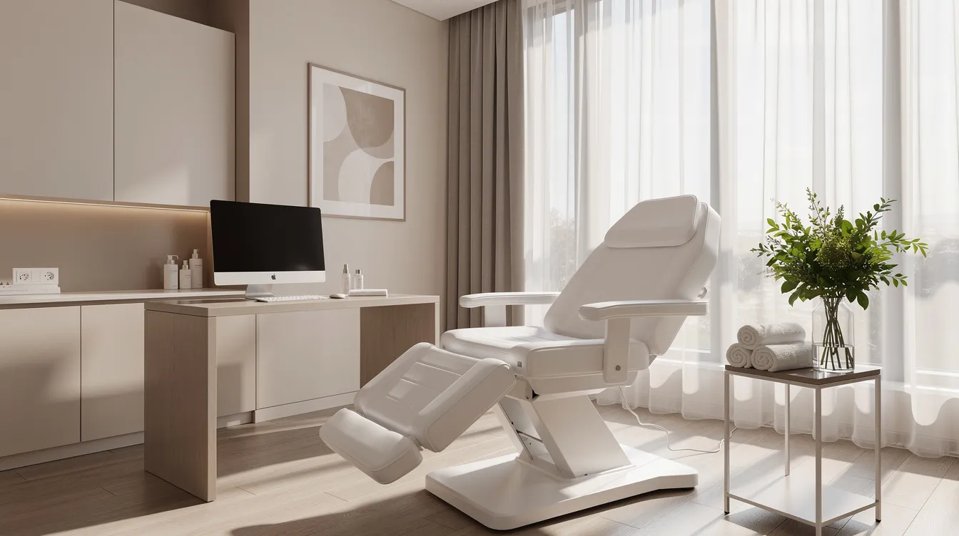 The image depicts a serene aesthetic consultation room featuring a comfortable treatment chair bathed in soft natural lighting, creating a welcoming environment for discussions about non surgical butt lift options. This space is designed for patients to explore treatment plans that stimulate collagen production and enhance their body shape without undergoing surgery.