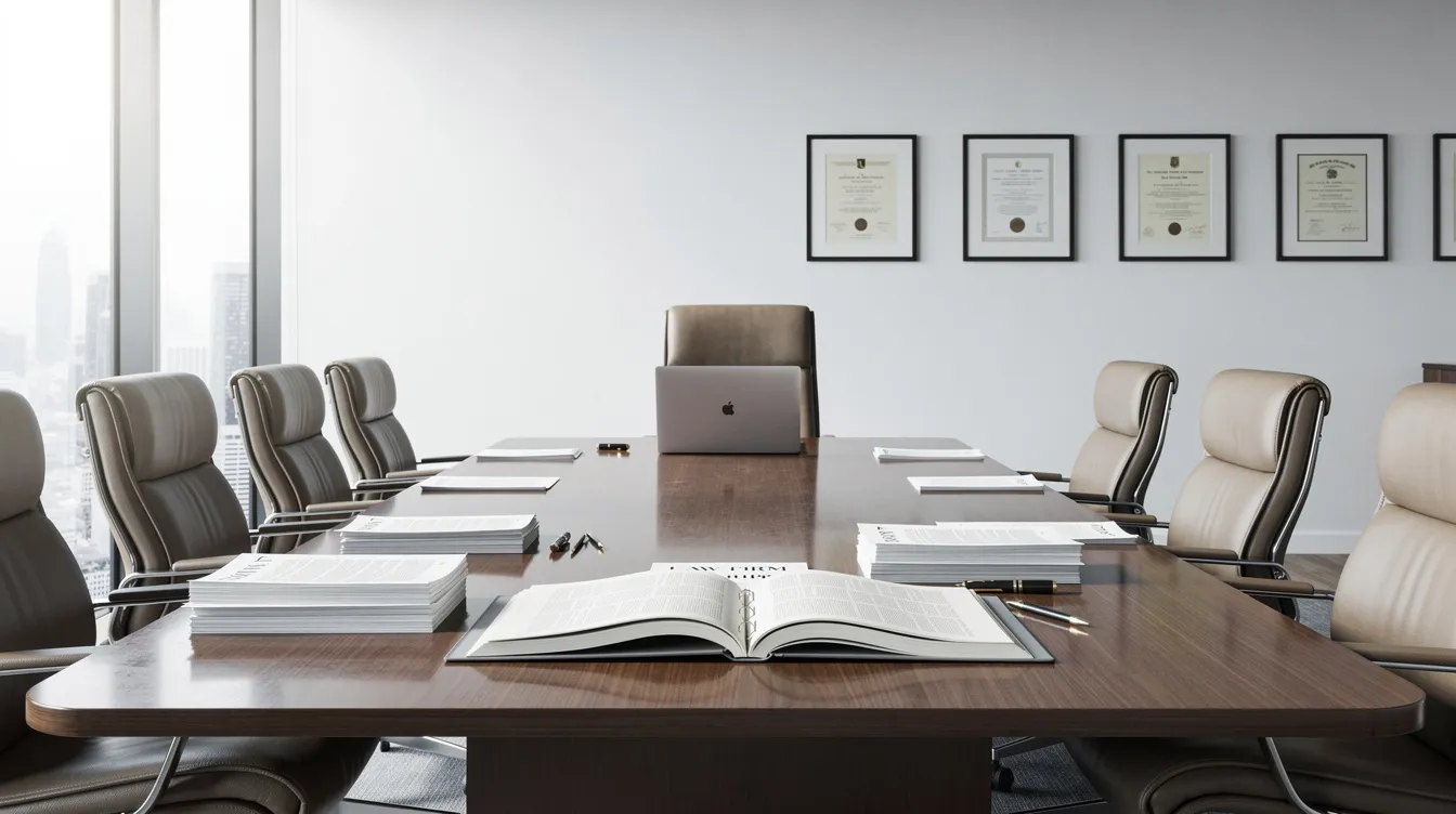 The image depicts the interior of a modern law office featuring a conference table with documents and a laptop, illuminated by natural light streaming through large windows. This professional setting is ideal for discussions related to truck accident cases, where experienced truck accident attorneys can assist victims in navigating their legal claims and seeking fair compensation for their injuries.