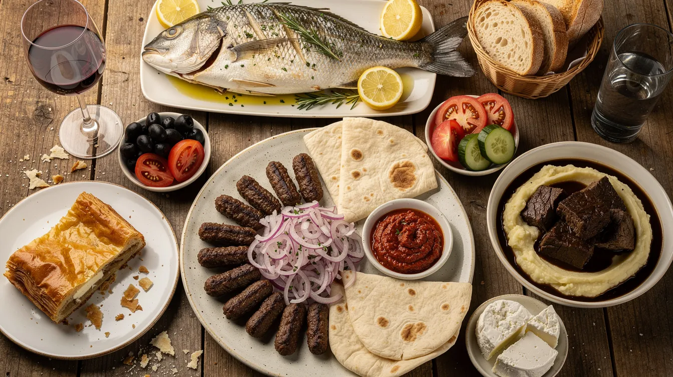 A imagem apresenta uma variedade de pratos típicos da culinária croata, incluindo frutos do mar frescos, que refletem a influência do mar Adriático na gastronomia do país. Os pratos são servidos em um ambiente de restaurante, evocando uma experiência gastronômica rica em sabores e história, típica das regiões costeiras da Croácia.