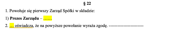 Umowa spółki z o.o. u notariusza. BEZPŁATNY WZÓR z omówieniem – Krok po kroku 14 umowa spółki z ograniczoną odpowiedzialnością w formie aktu notarialnego, paragraf 22