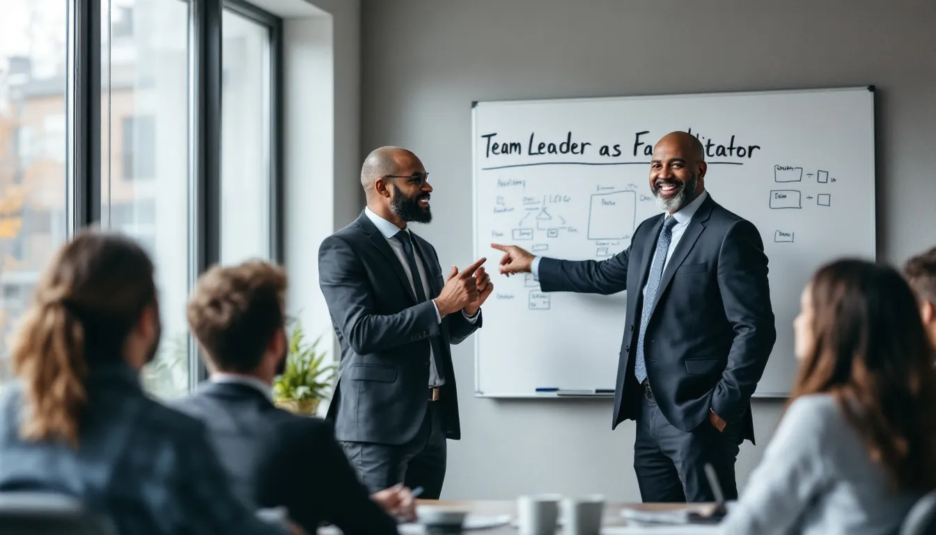 In the image, a team leader is depicted facilitating a team meeting, demonstrating strong leadership skills and effective communication. The scene captures the essence of teamwork as the leader inspires team members to collaborate and achieve their goals.