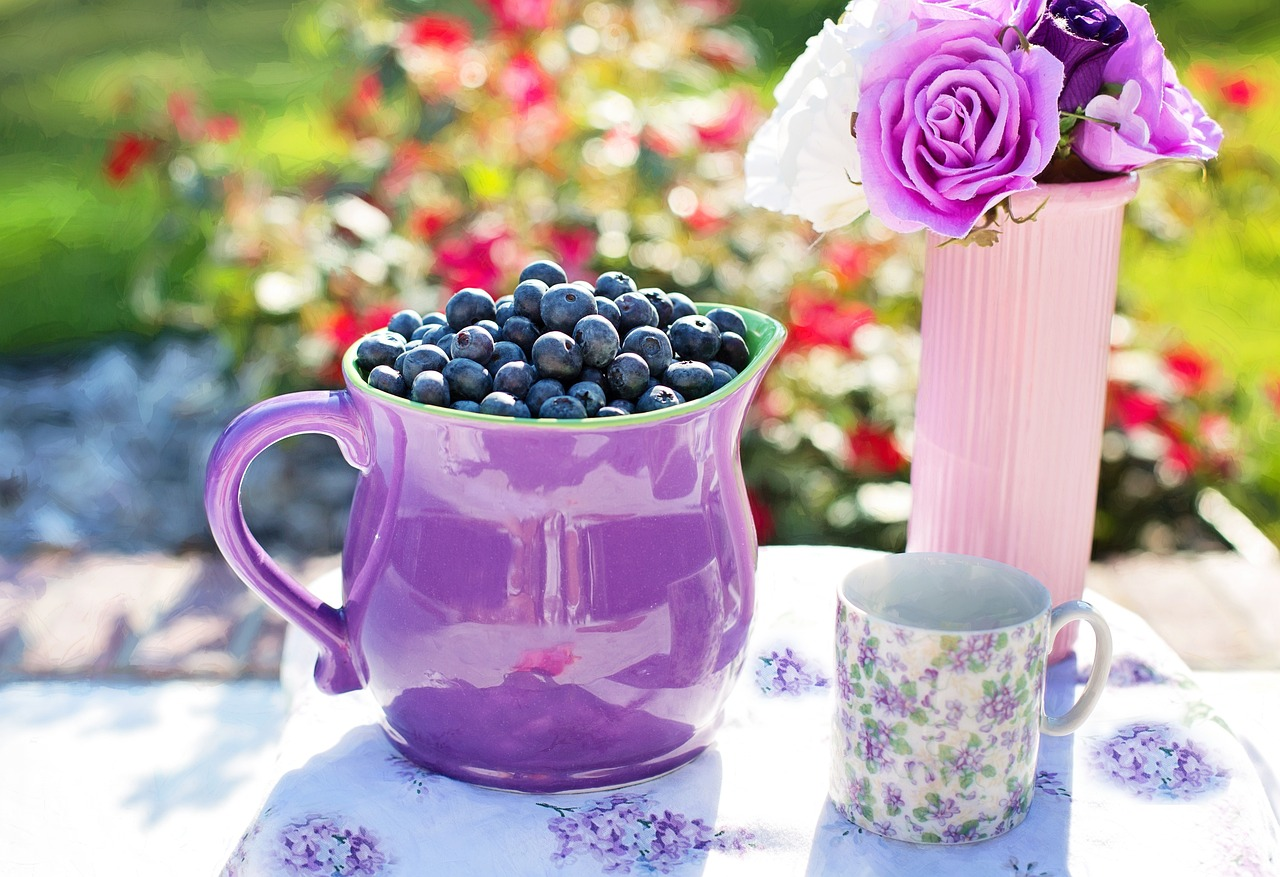 An image of a pitcher filled with blueberries on a table outdoors on a summery day. 