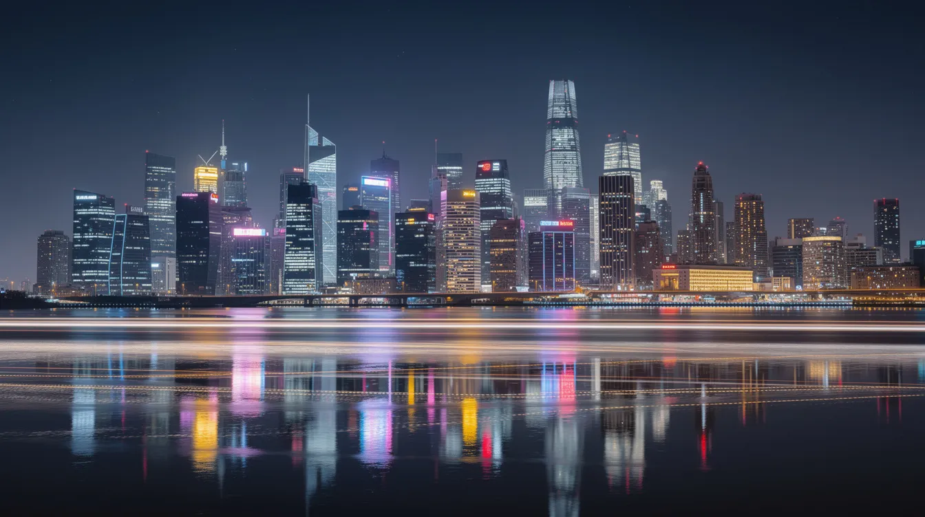 Die moderne Großstadt-Skyline bei Nacht zeigt eine beeindruckende Ansammlung von Hochhäusern, deren bunte Lichter sich im Wasser spiegeln und eine lebendige Atmosphäre schaffen. Diese Darstellung könnte als Symbol für die Gegenwart und die Entwicklung urbaner Räume in der Literaturgeschichte betrachtet werden.