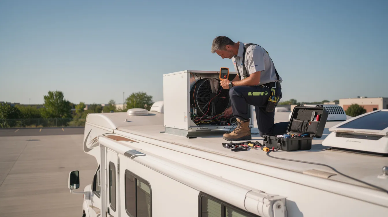 A technician is on the roof of an RV, carefully inspecting a rooftop air conditioning unit for any issues, such as weak airflow. This mobile RV repair service in Tucson aims to ensure reliable cooling for RV owners, addressing unique challenges that may arise during the inspection.