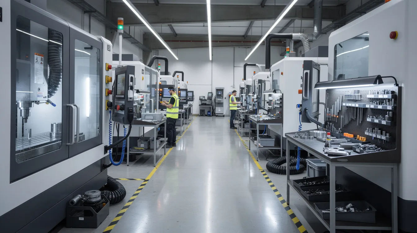 The image depicts the interior of a modern CNC machining facility, showcasing rows of precision milling machines and well-organized workstations. This environment highlights the capabilities of aerospace manufacturing, emphasizing rigorous quality control processes and the production of precision aerospace components designed for demanding aerospace applications.