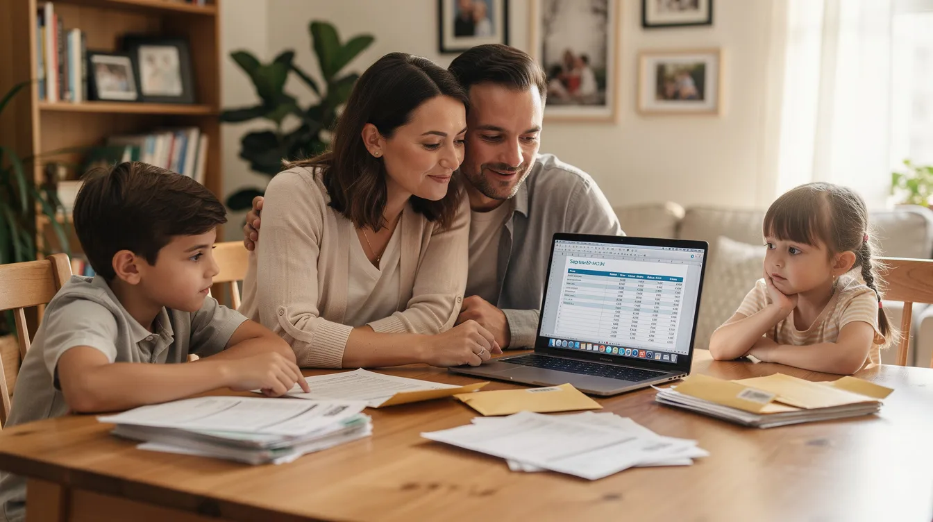 A calm family is gathered at home, reviewing their finances together with papers spread out and a laptop open, discussing their debt management options such as individual voluntary arrangements (IVA) to resolve their financial issues. The atmosphere is focused and collaborative as they work on their repayment plans.