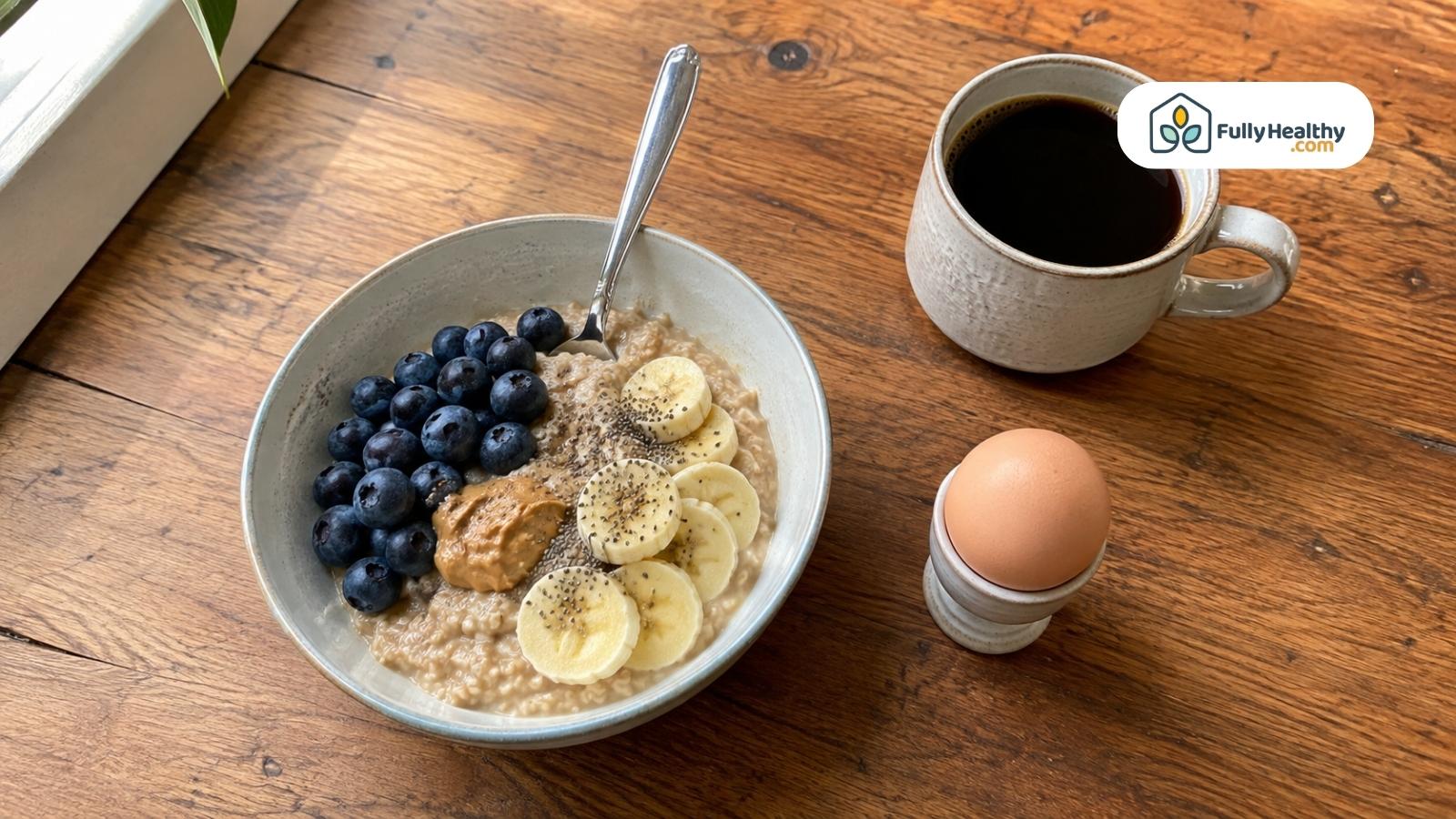 Oatmeal with blueberries, banana, peanut butter, chia seeds, egg, and coffee
