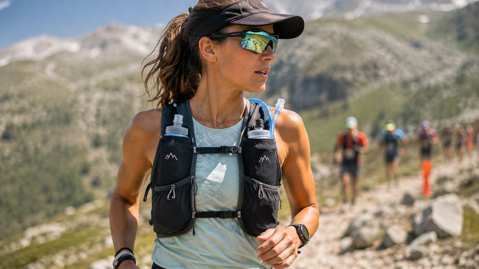 Trail runner wearing a vest-style hydration backpack with front water flasks