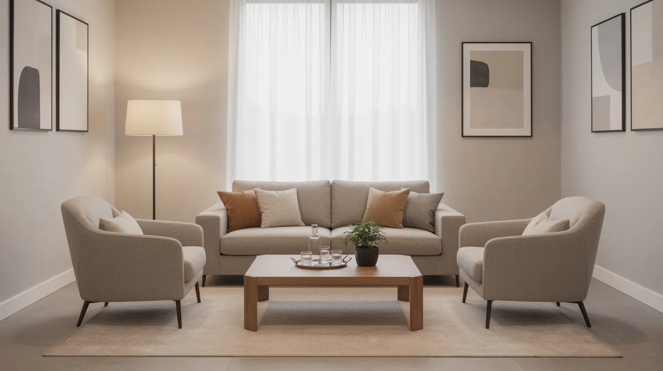 The image depicts a professional mediation room designed for family law mediation, featuring comfortable seating and neutral decor to create a calming atmosphere for mediation sessions. This space is ideal for parties involved in family disputes, such as divorce mediation or parenting plans, to discuss their issues in a structured and supportive environment.