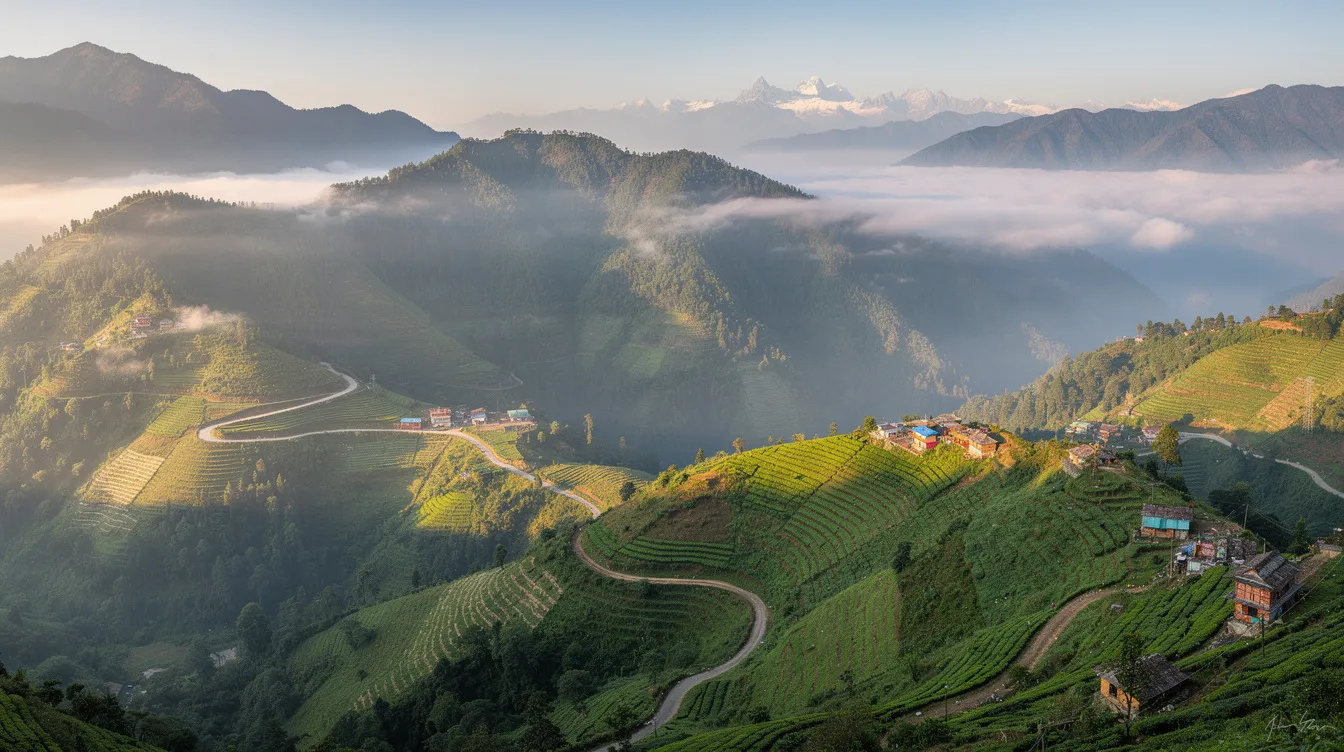 b8c744a5 aa22 41ed 8abb 2688799ad5da The image depicts a breathtaking panoramic view of lush green mountain valleys in Sikkim, featuring small villages nestled among terraced fields. This picturesque landscape highlights the region's rich biodiversity and potential for sustainable agriculture, making it an attractive location for business opportunities in Sikkim, especially in organic farming and eco-tourism.