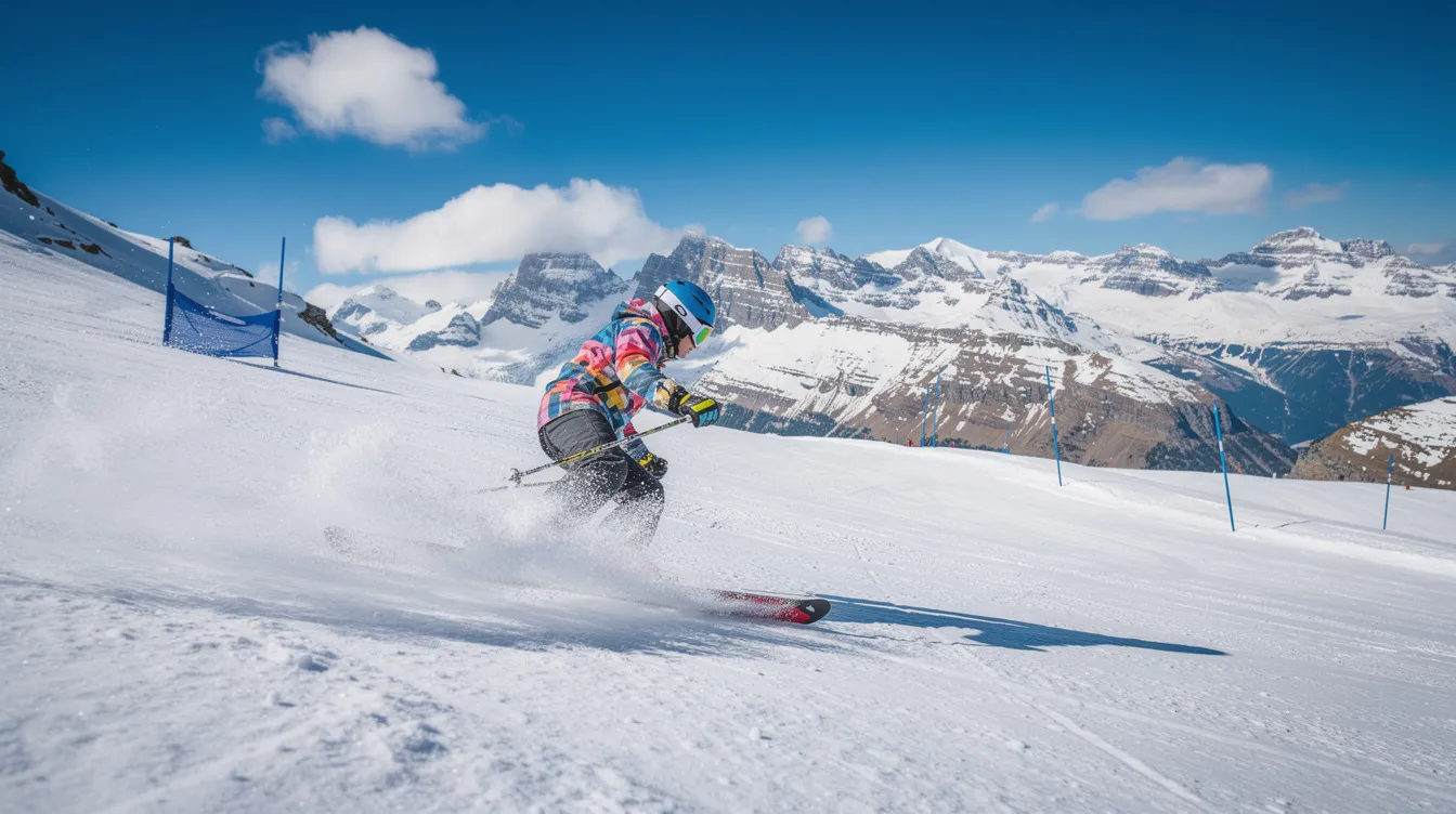 Ein Skifahrer fährt auf einer breiten blauen Piste im Sonnenschein, während im Hintergrund ein beeindruckendes Bergpanorama zu sehen ist. Diese Szene bietet einen perfekten Einblick in das Skifahren lernen und die Freude am Wintersport.