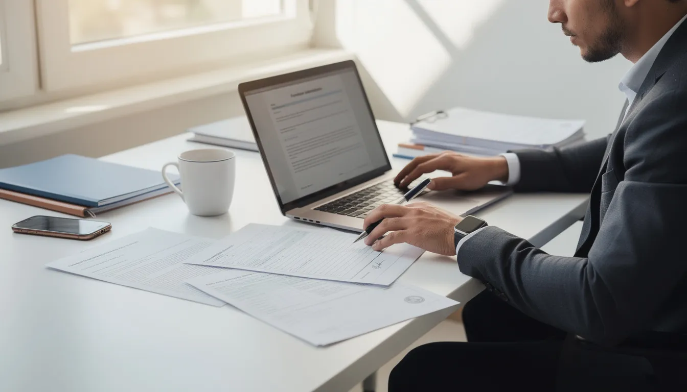 Une personne est assise à un bureau, travaillant sur un ordinateur portable tout en consultant des documents administratifs relatifs à sa demande de permis d'études pour étudier au Canada. Des feuilles de papier sont éparpillées autour d'elle, indiquant des informations sur les exigences et le processus d'immigration.