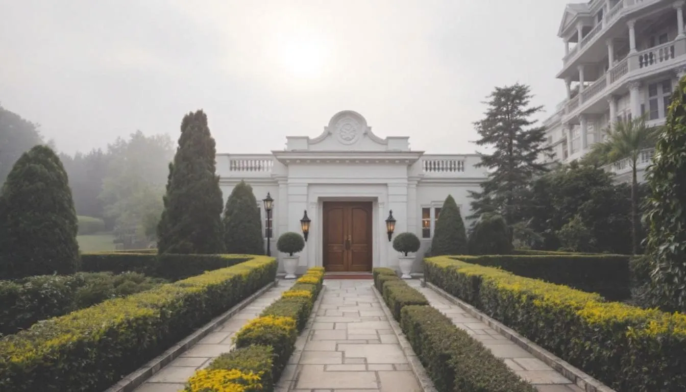 The image depicts a hotel entrance during a tranquil shoulder season morning, characterized by mild weather and fewer crowds, creating a serene atmosphere perfect for travelers seeking a peaceful getaway. The scene captures the essence of off-peak season travel, with the hotel invitingly open and surrounded by beautiful natural scenery.