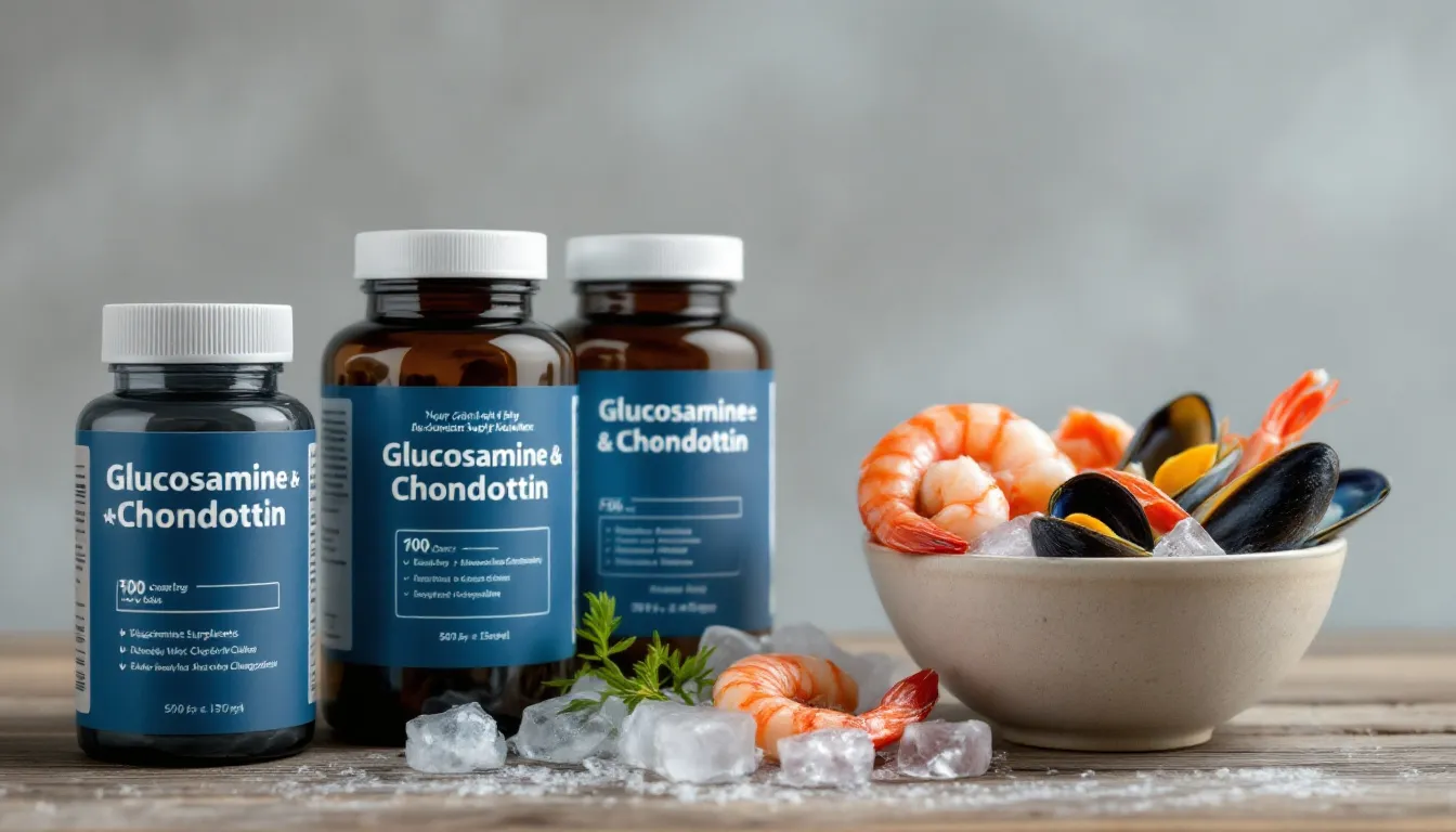 In the image, there are bottles of glucosamine and chondroitin supplements placed next to fresh shellfish, highlighting the natural sources of these joint health supplements. This visual representation emphasizes the potential benefits of glucosamine and chondroitin for managing arthritis symptoms and easing joint pain.
