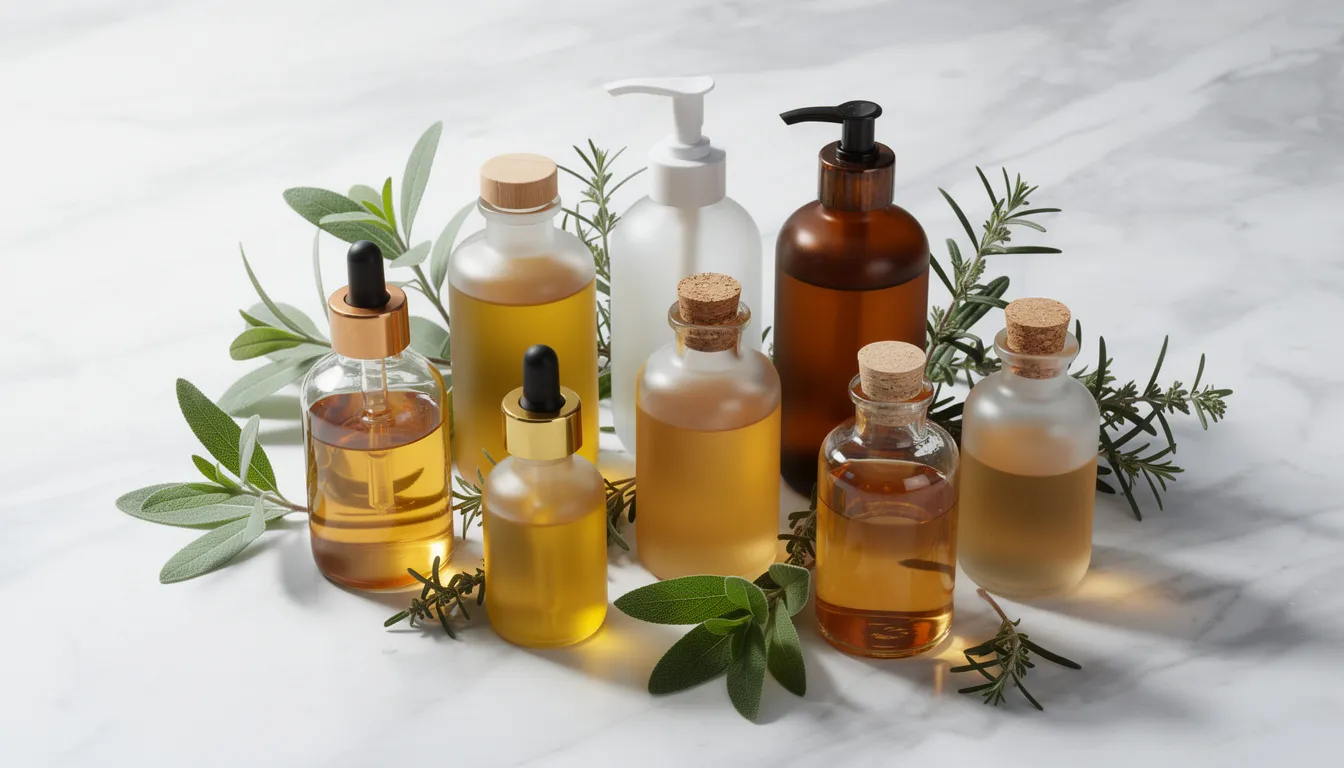 A collection of natural oils, including macadamia nut oil and premium beef tallow, is elegantly arranged in various glass bottles on a smooth marble surface, accompanied by lush green plant leaves. This display highlights the rich textures and vibrant colors of the oils, showcasing their potential benefits for cooking and skin health.