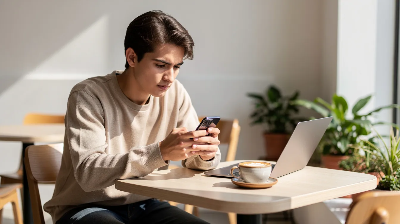 A young person sits in a modern cafe, deep in thought as they look at their smartphone, possibly seeking relationship advice or exploring ways to improve communication in their romantic relationship. The setting suggests a safe space for reflection, highlighting the importance of emotional well-being and healthy boundaries in relationships.