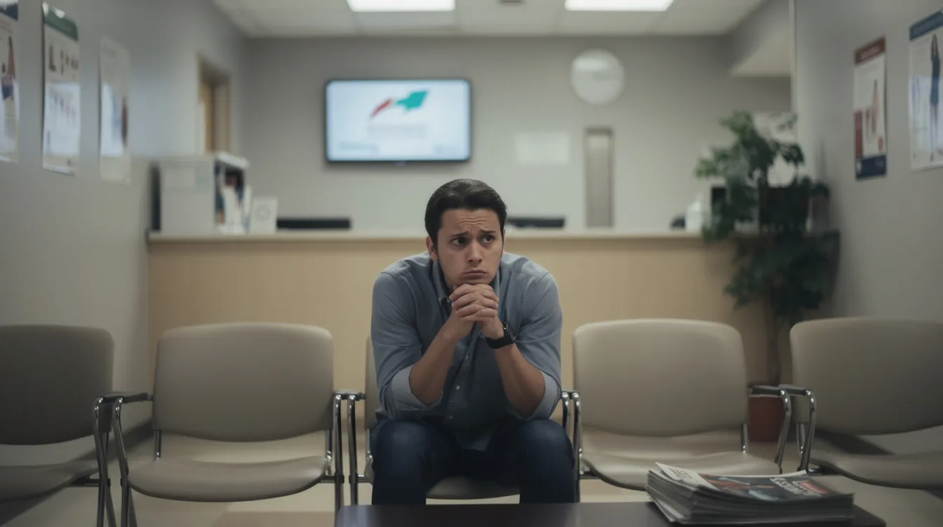 The image depicts a concerned person sitting in a medical waiting room, highlighting the anxiety often experienced by injured employees navigating the workers compensation system. This scene may resonate with those dealing with ongoing medical treatment and seeking workers compensation benefits in Colorado.