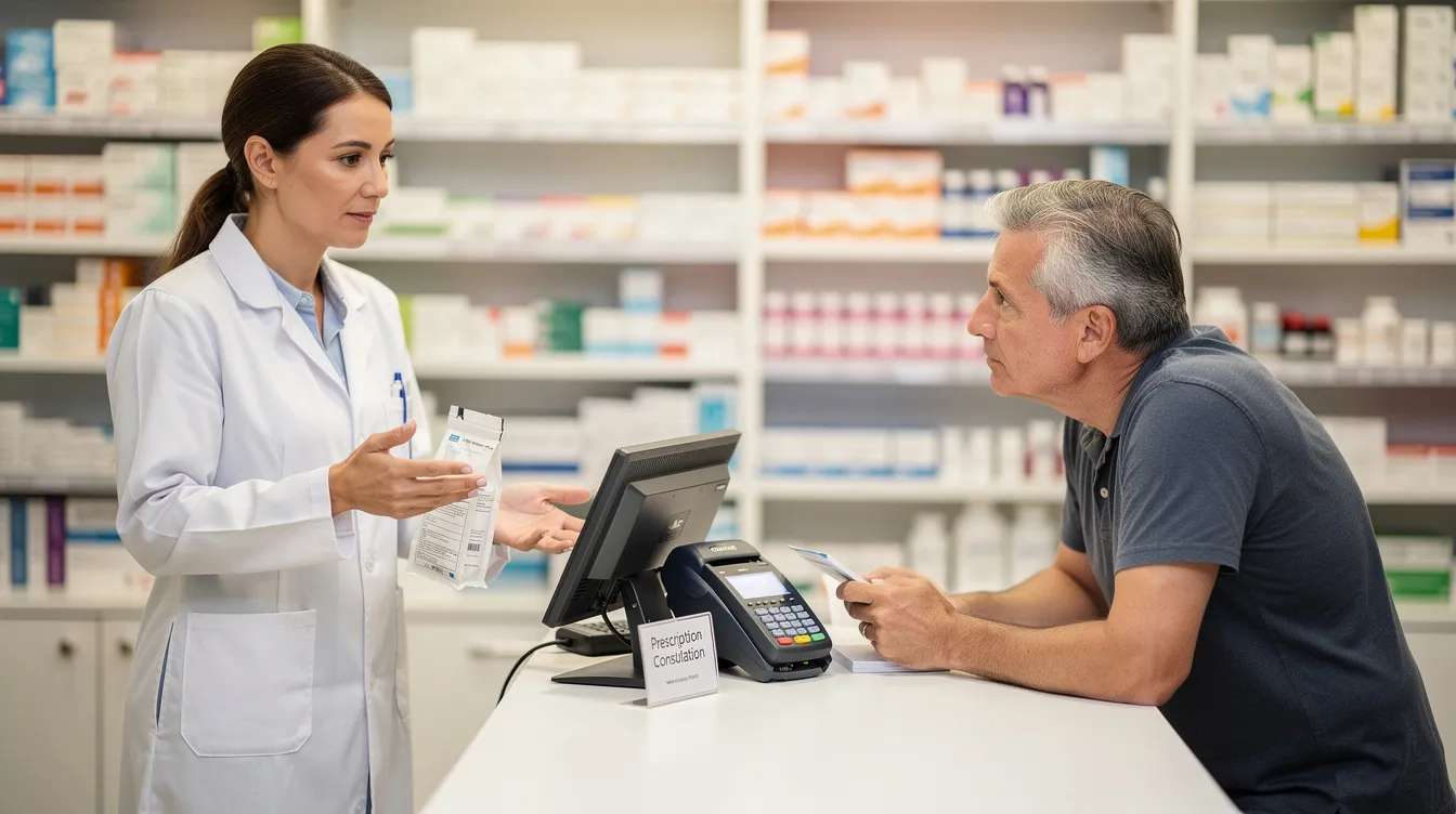 A pharmacist is engaged in a conversation with a middle-aged patient at the pharmacy counter, discussing various medication options and the potential benefits of taking NMN supplements for metabolic health and healthy aging. The interaction emphasizes the importance of consulting a healthcare professional about dietary supplements and their possible interactions with other medications.