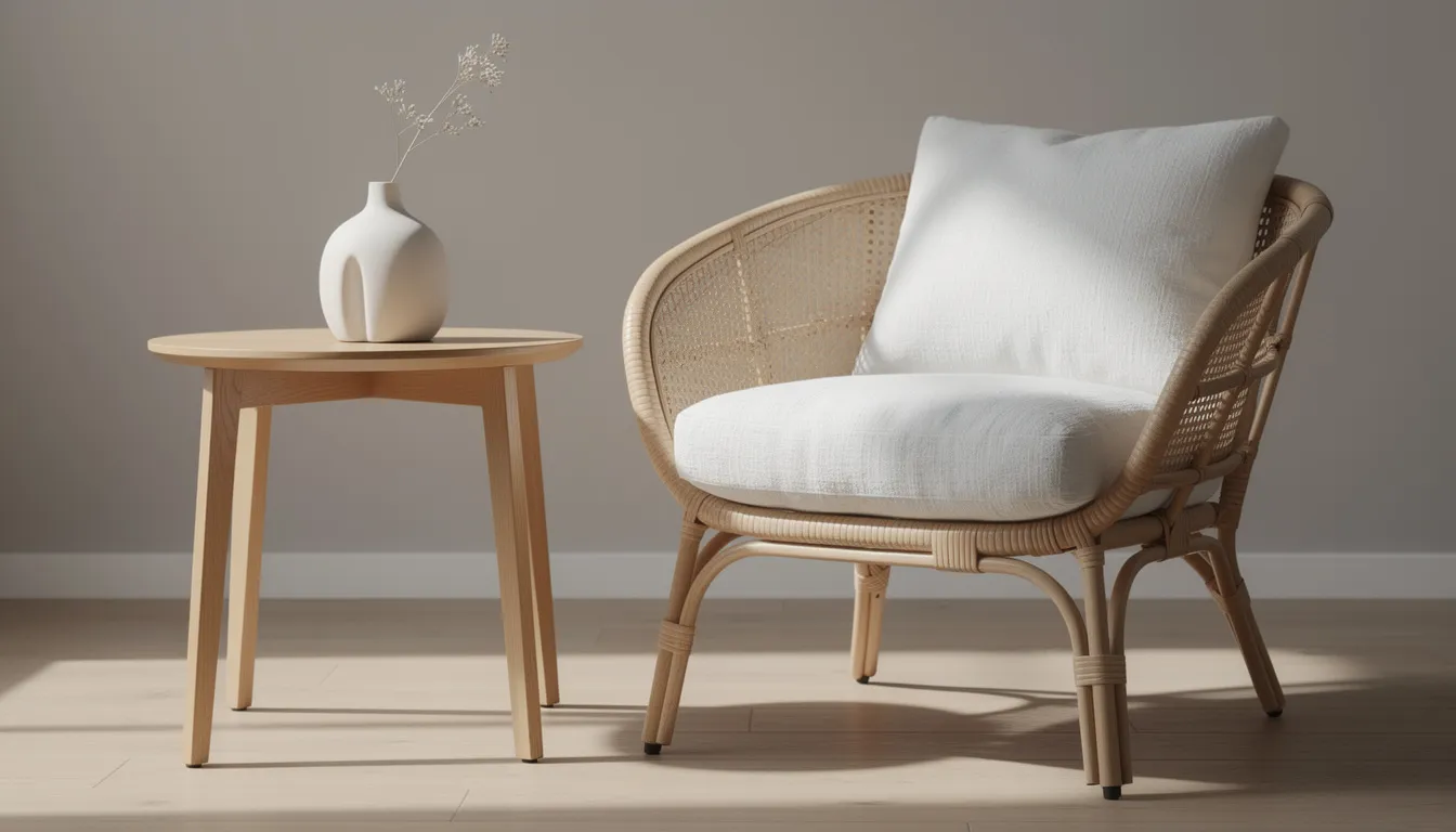 A cozy rattan armchair adorned with soft linen cushions sits beside a light oak side table, which holds a ceramic vase, creating an inviting corner that embraces natural textures and warm neutrals. This stylish arrangement is perfect for summer months, offering a relaxed atmosphere filled with fresh, crisp whites and soft pastels, ideal for beating the summer heat.