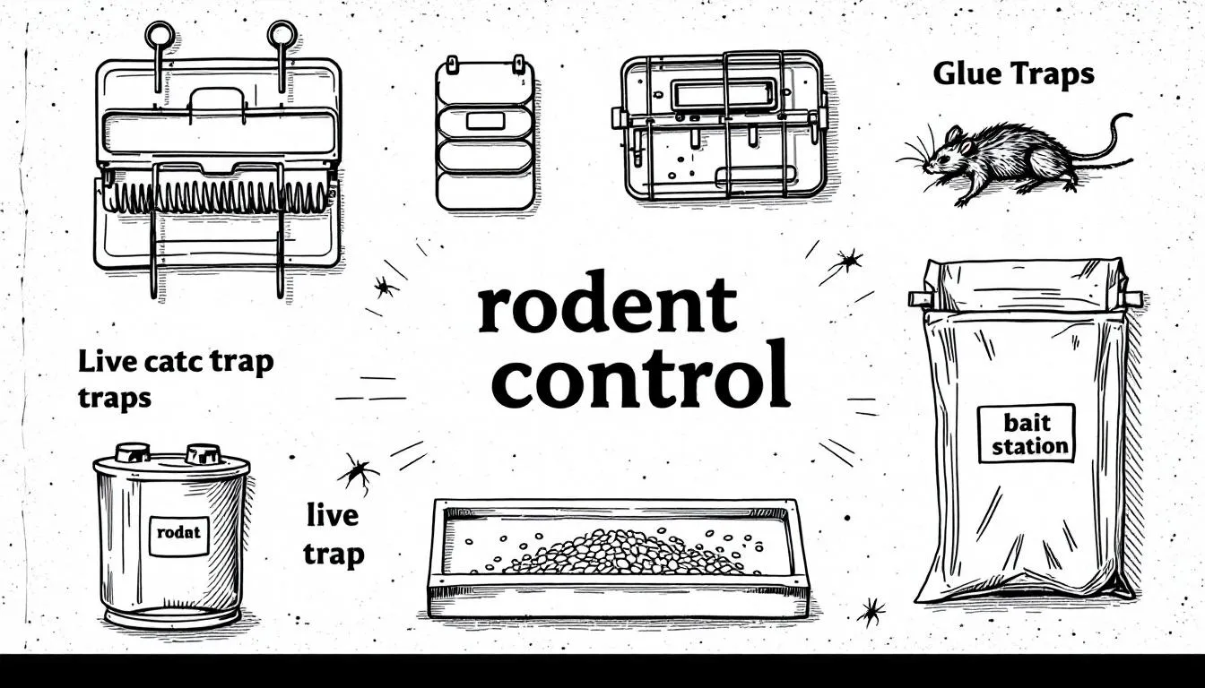 A setup of various traps and bait stations used for controlling rodent populations.