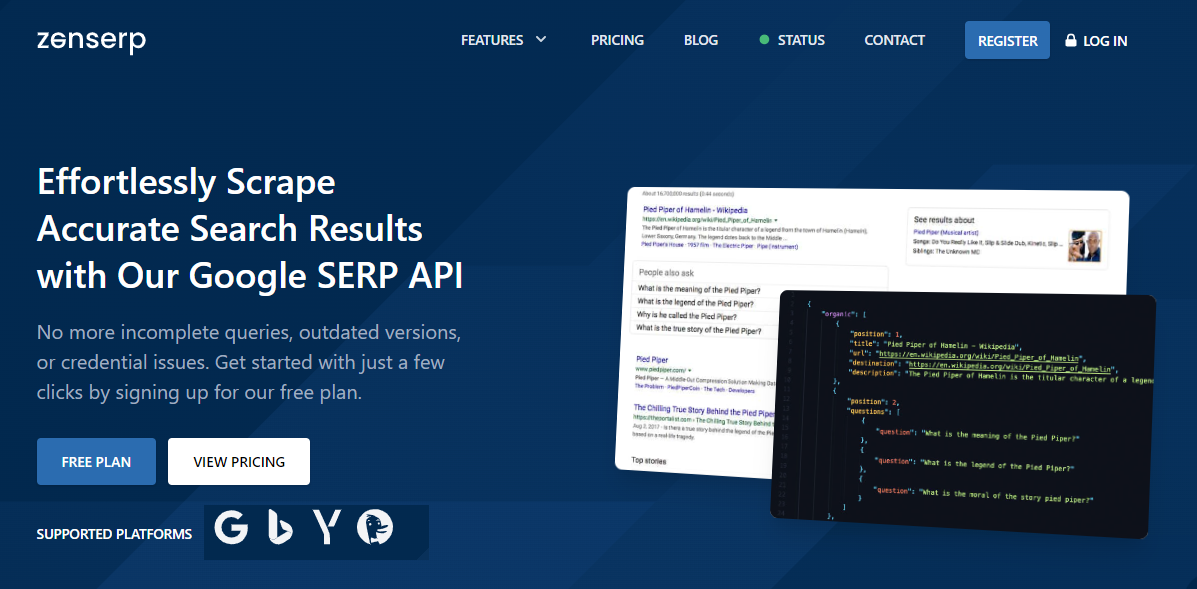 Zenserp official google search api for search results data to scrape google serp