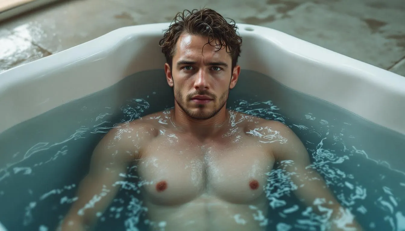 The image depicts a person submerged in a cold plunge pool, showcasing the practice of cold water immersion to improve circulation and enhance cardiovascular health. The scene emphasizes the body's cold shock response and adaptation to colder temperatures, highlighting the potential benefits of regular cold exposure for blood flow and energy metabolism.