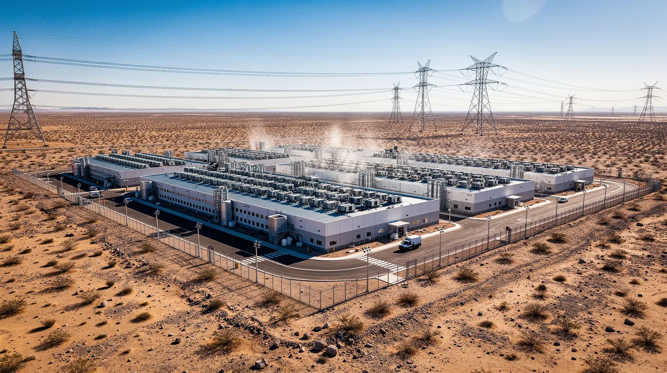 The image depicts a vast industrial data center complex set against a stark desert landscape, with power transmission lines stretching into the background, symbolizing the backbone of the financial services industry. This scene highlights the critical role of artificial intelligence and machine learning in shaping the financial sector and driving economic growth.