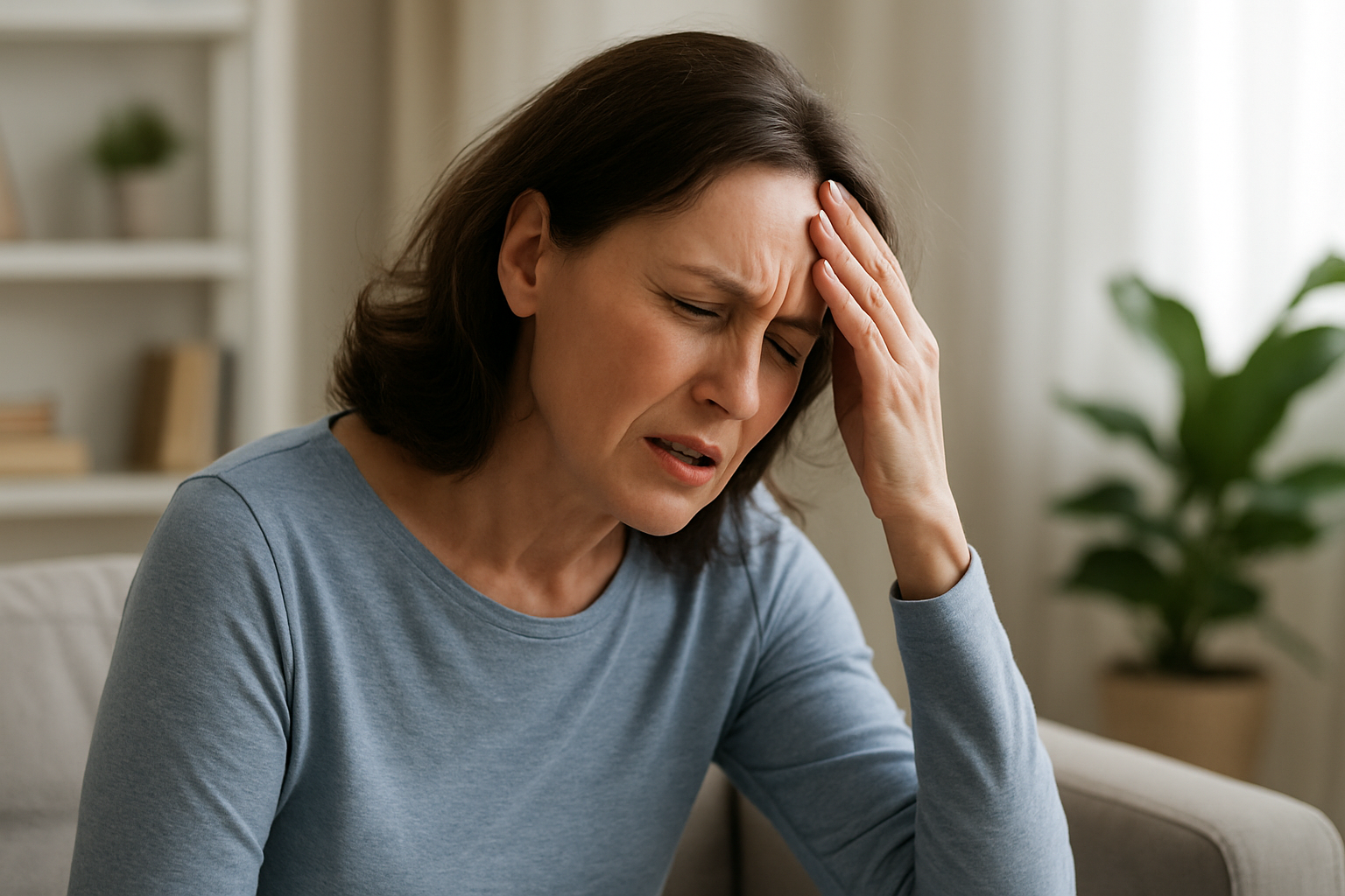 En kvinne sitter hjemme og holder seg til hodet med lukket øyne, som om hun opplever svimmelhet eller ubehag.