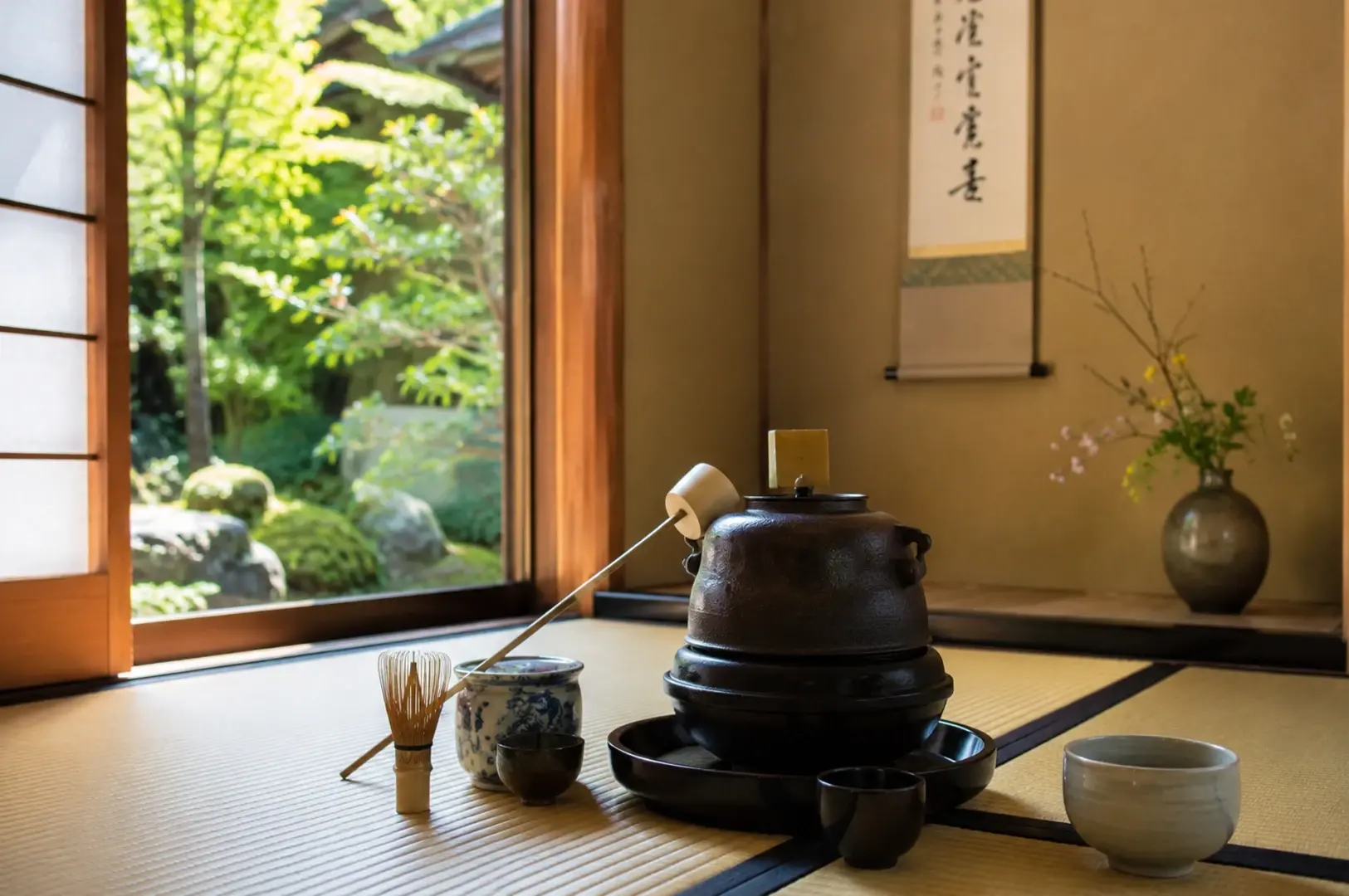 A still-life arrangement of tea ceremony utensils rests on tatami mats, conveying a sense of grounded simplicity. A large iron kettle sits on a heating element, accompanied by a bamboo ladle, a bamboo whisk, and several small tea bowls. In the background, a calligraphic scroll hangs on the wall next to a slender vase with flowering branches, while a window provides a view of a bright, verdant garden outside.