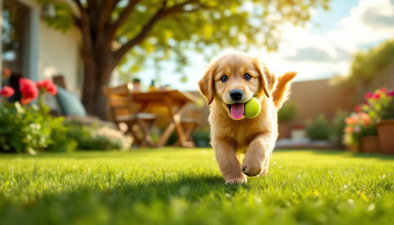 A happy miniature goldendoodle is joyfully playing in a sunny backyard with its family, showcasing its affectionate nature and energy. This scene highlights the importance of regular exercise and mental stimulation for mini goldendoodles to maintain a long and healthy life.