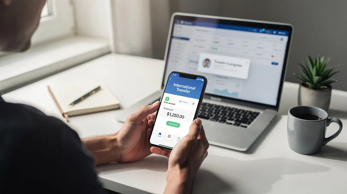A person is sitting at a desk, using a smartphone to initiate an international money transfer, while a laptop is open in front of them. This scene illustrates the convenience of online banking and sending funds securely, possibly through services like Bandhan Bank for money transfers.