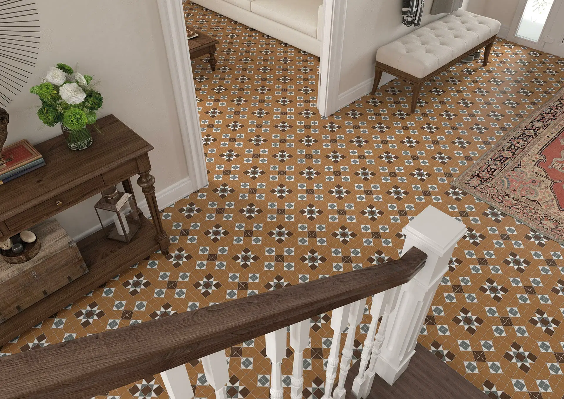 ceramic glazed York Brown Pattern Victorian floor tiles by Vives
