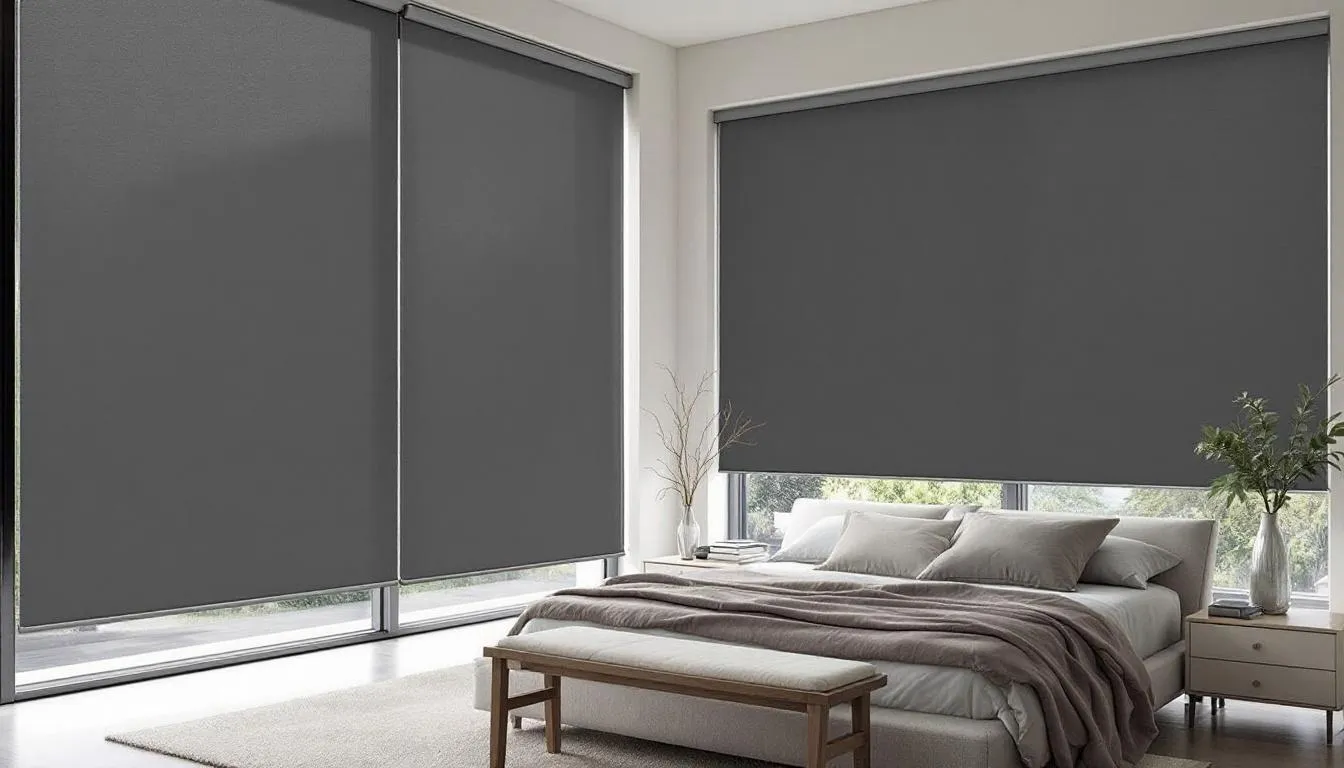 In a modern bedroom, large windows are covered with sleek motorized blackout shades, effectively blocking out light and creating a serene atmosphere. The stylish window treatments enhance the room's aesthetic while providing convenience with remote control functionality.
