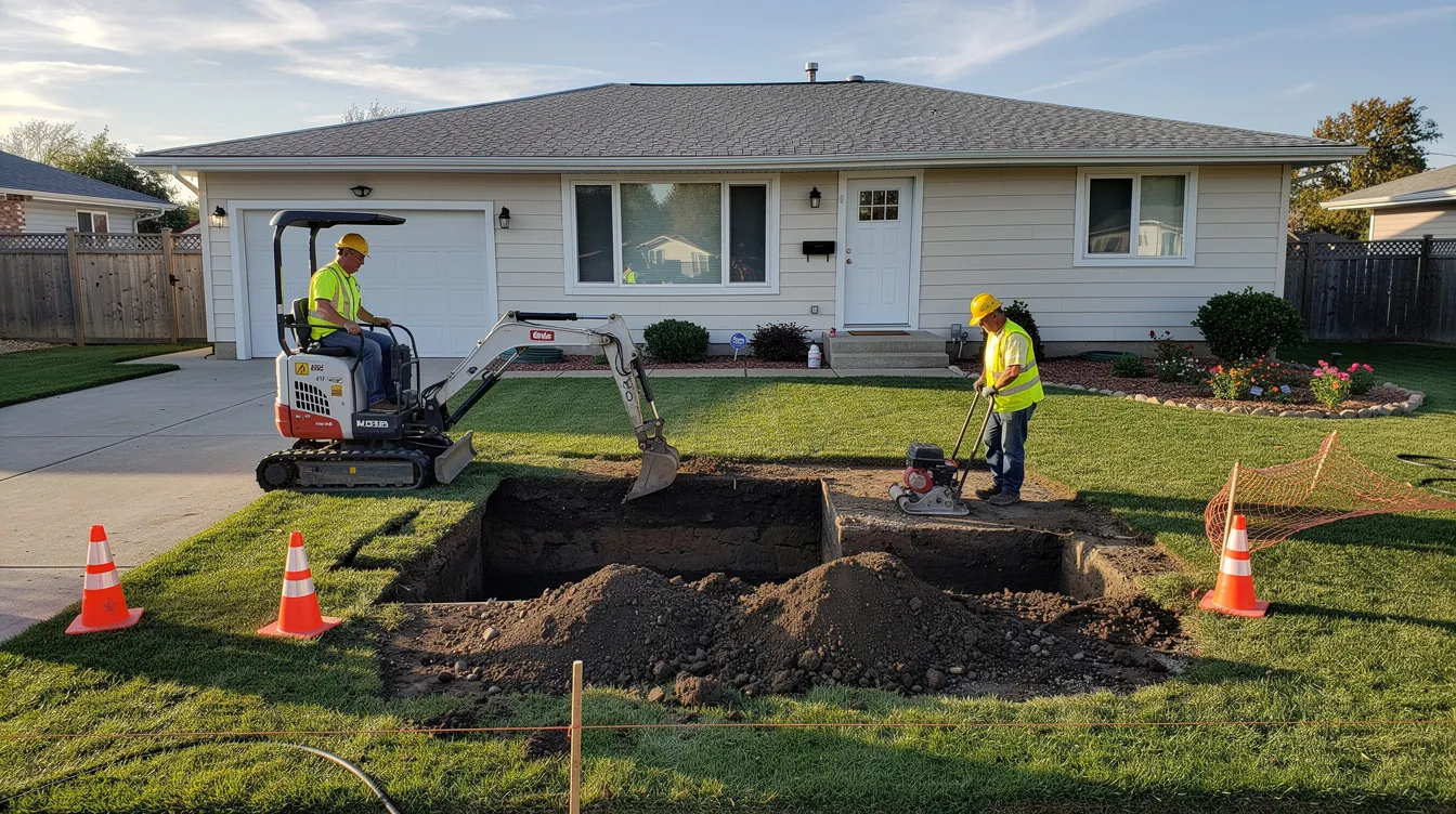 Two workers in safety vests operate compact equipment next to a small excavated pit in a residential front yard, preparing for trenchless pipe repair. The scene highlights the use of specialized equipment to address plumbing issues with minimal disruption to the surrounding landscape.