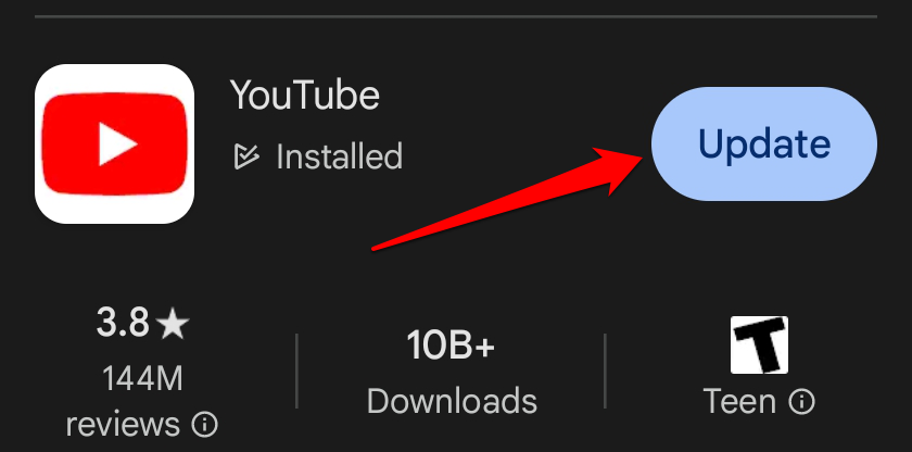 YouTube update on Android Play Store