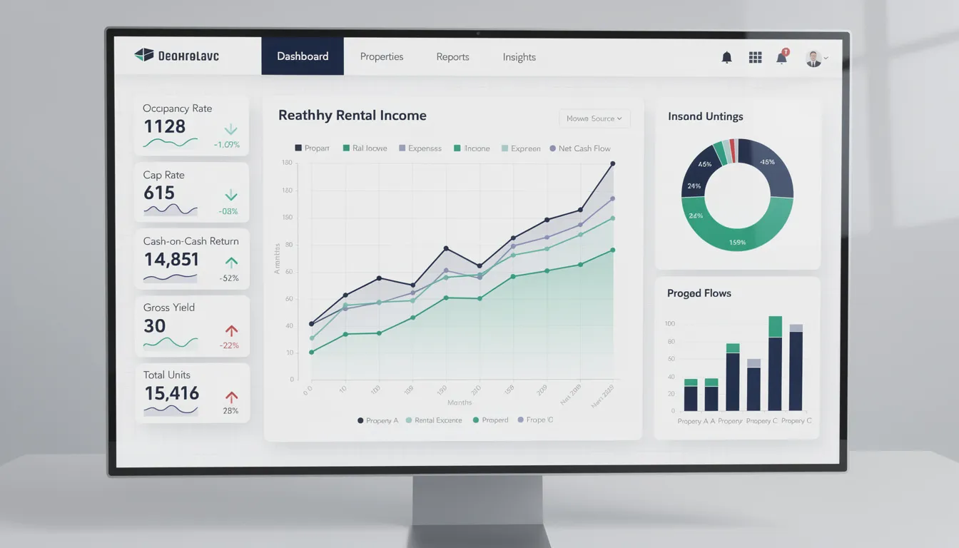 The image displays a financial dashboard that showcases various performance metrics and charts related to rental properties, highlighting aspects such as rental income, expense tracking, and tenant satisfaction. This visual tool is essential for property managers and owners to ensure effective property management and compliance with local and federal laws.