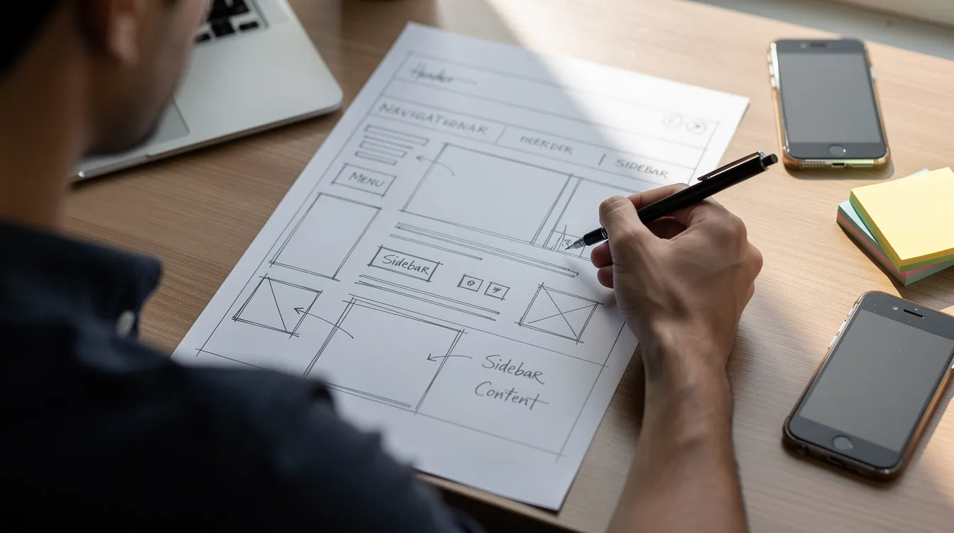 A person is sketching a wireframe for a web page layout on paper with a pen, focusing on key elements for an effective landing page design. This creative process aims to guide visitors and encourage them to take desired actions, ultimately enhancing the marketing strategy for generating leads.