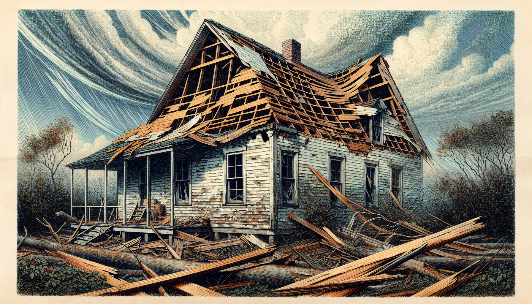 Illustration of a house with damaged roof due to heavy rainfall and wind