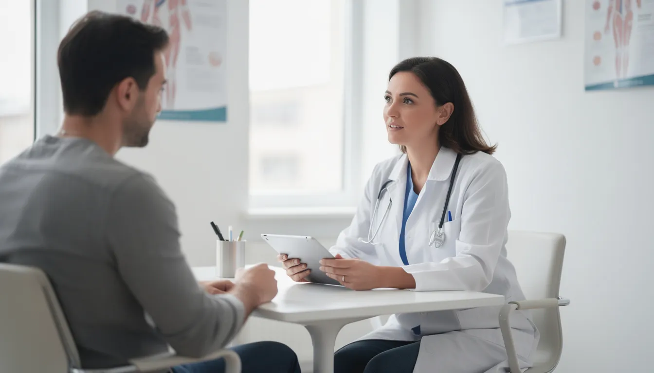 A medical professional in a white coat is having a consultation with a patient in a modern clinical setting, discussing personalized treatment plans for weight management and fat loss. The environment is equipped with medical tools, emphasizing a focus on health and wellness, including aspects like appetite control and metabolic health.